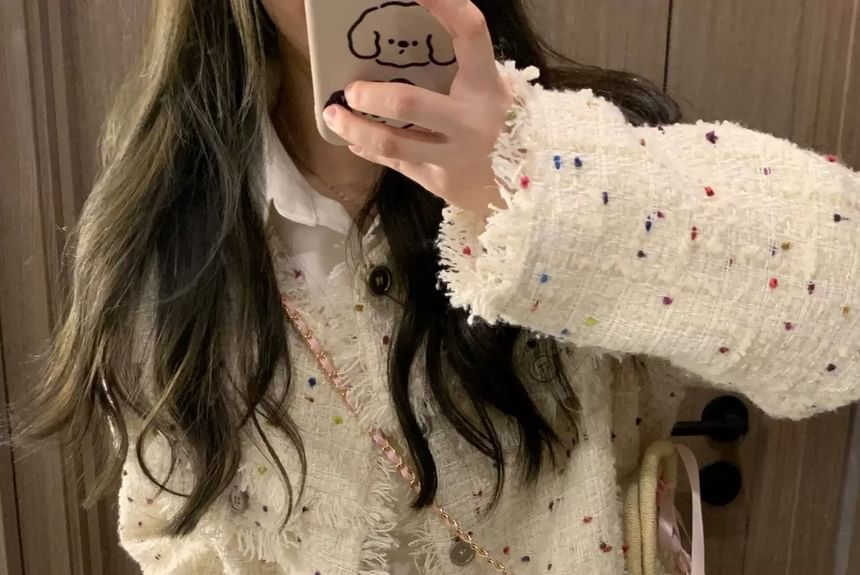 Long Sleeve Melange Tweed Tassel Jacket