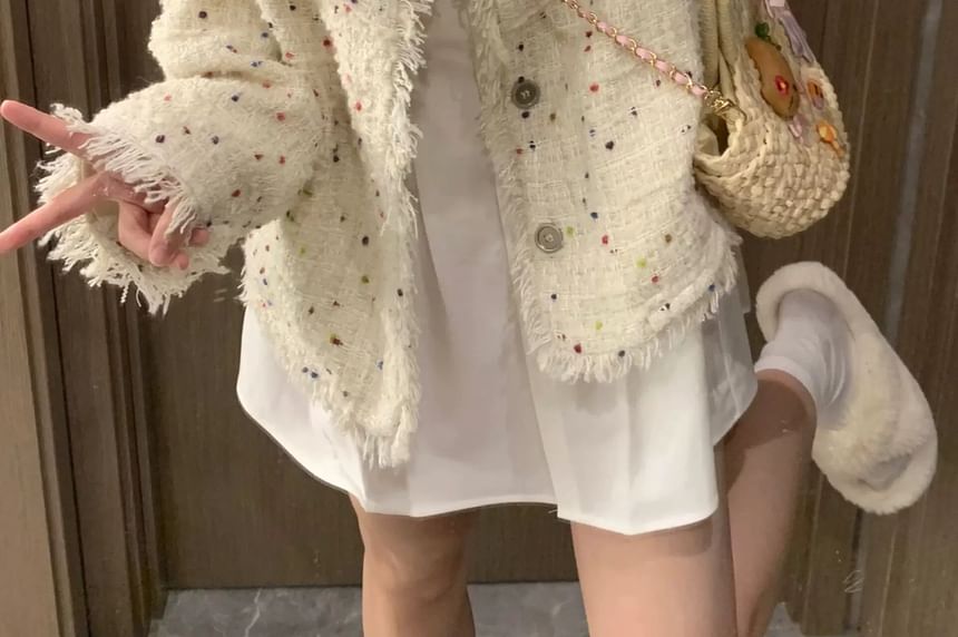 Long Sleeve Melange Tweed Tassel Jacket