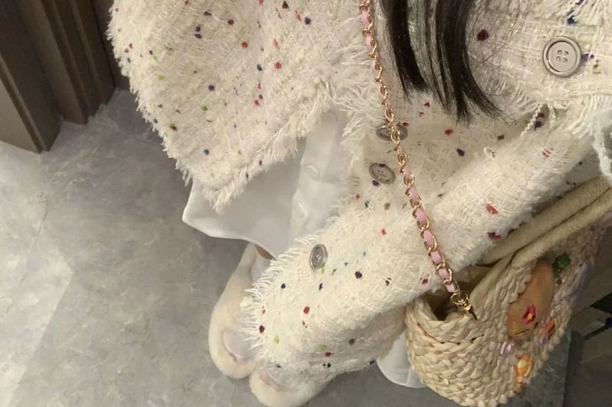 Long Sleeve Melange Tweed Tassel Jacket