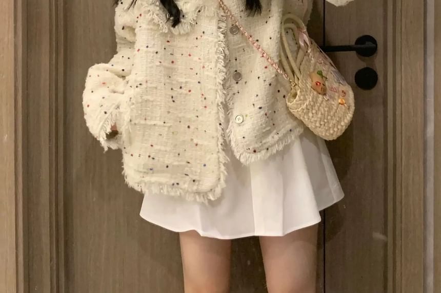 Long Sleeve Melange Tweed Tassel Jacket