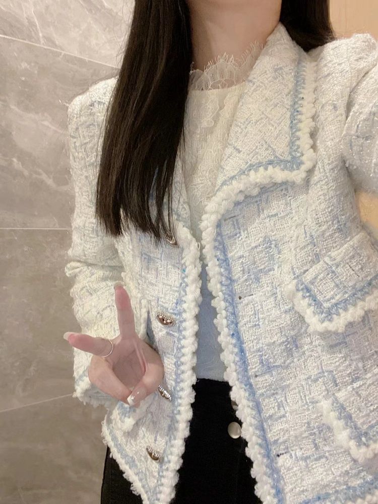 Long Sleeve Contrast Trim Button Up Tweed Jacket