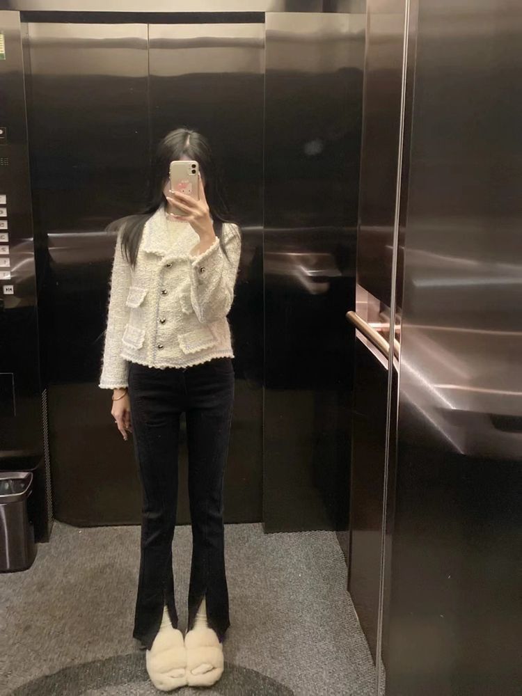 Long Sleeve Contrast Trim Button Up Tweed Jacket