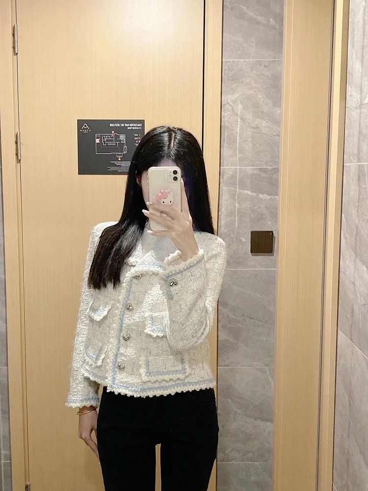 Long Sleeve Contrast Trim Button Up Tweed Jacket