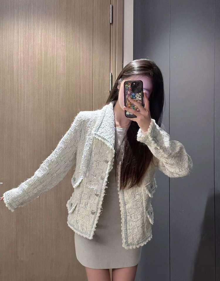 Long Sleeve Contrast Trim Button Up Tweed Jacket