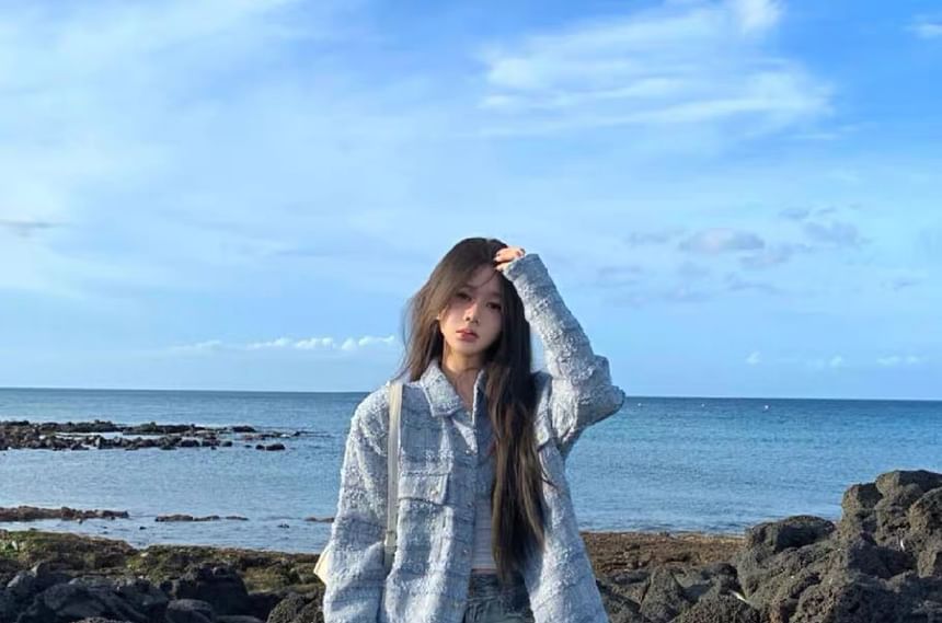 Long Sleeve Lapel Neck Button Up Gingham Tweed Jacket