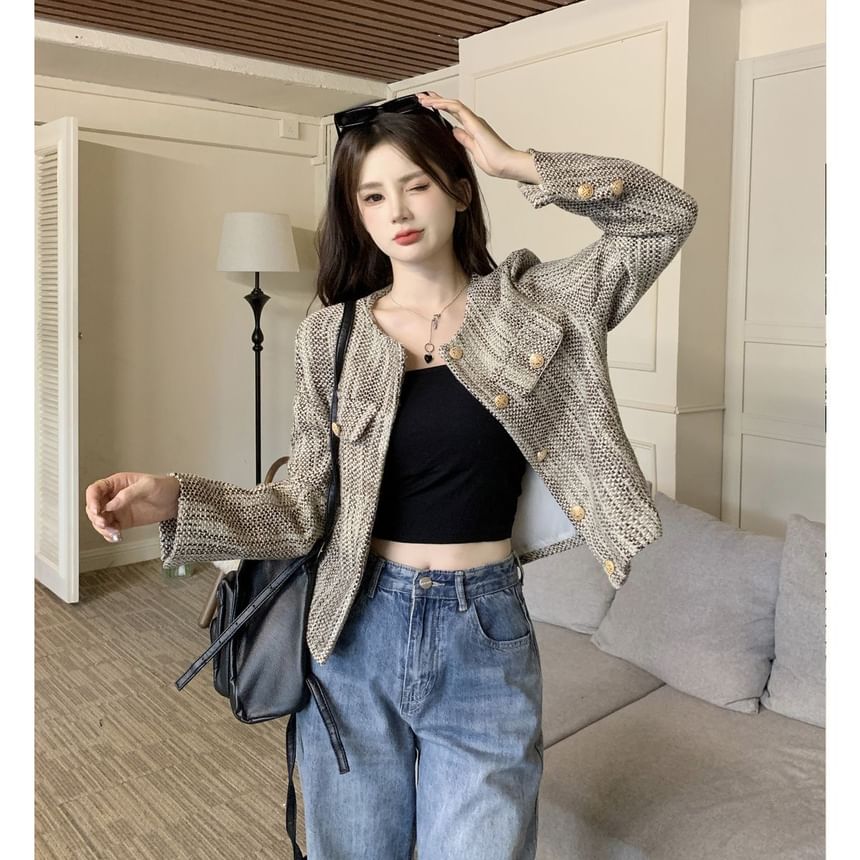 Long Sleeve Round Neck Cropped Tweed Jacket