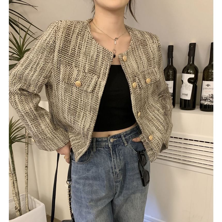 Long Sleeve Round Neck Cropped Tweed Jacket