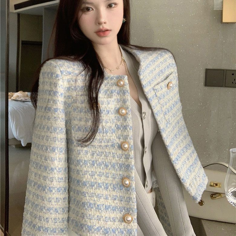 Long Sleeve Round Neck Tweed Pearl Button Cropped Jacket