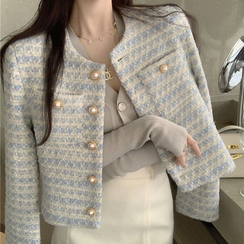 Long Sleeve Round Neck Tweed Pearl Button Cropped Jacket