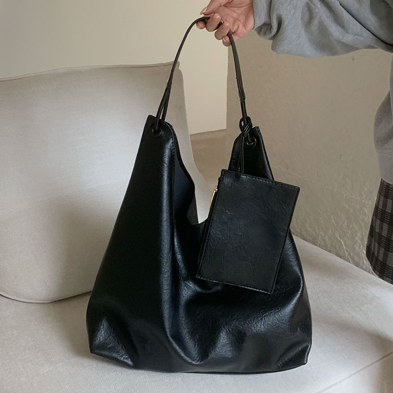 Bag Leather Tote Faux With Pouch Plain