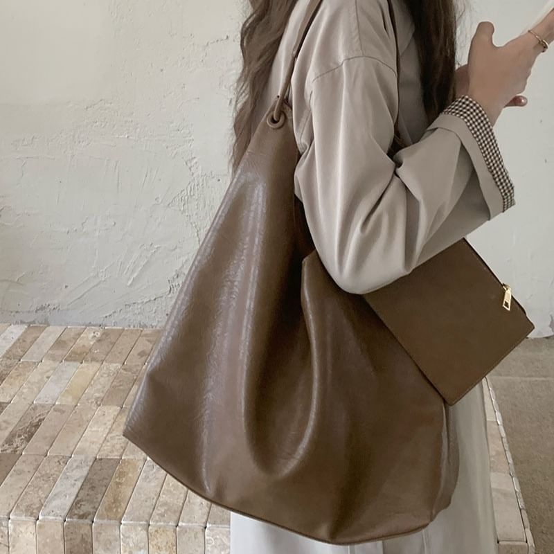 Bag Leather Tote Faux With Pouch Plain