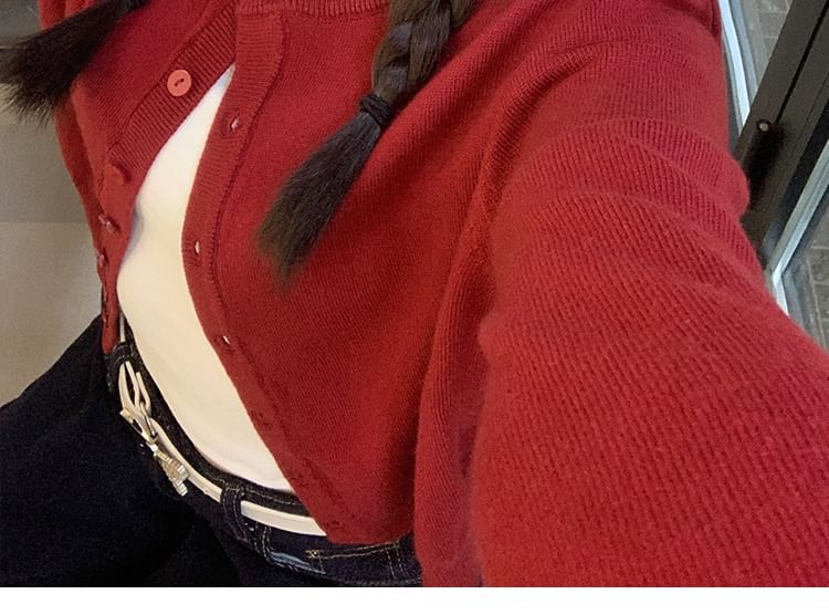 Crewneck Button-Up Cropped Knit Cardigan