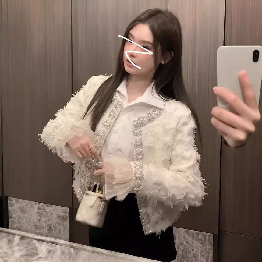 Lace Cuff Round Neck Beaded Tweed Hook And Eye Jacket / High Waist Plain Accordion Pleated Mini A-Line Skirt