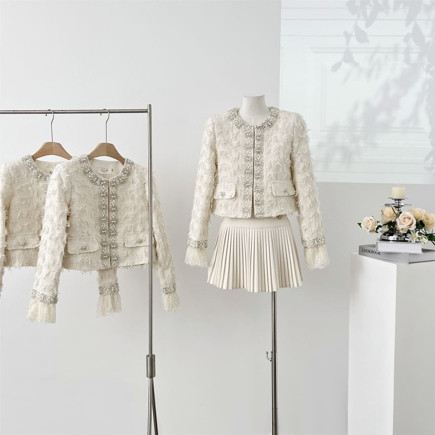 Lace Cuff Round Neck Beaded Tweed Hook And Eye Jacket / High Waist Plain Accordion Pleated Mini A-Line Skirt
