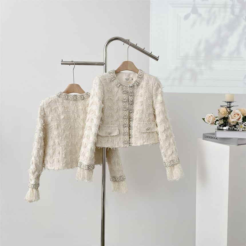 Lace Cuff Round Neck Beaded Tweed Hook And Eye Jacket / High Waist Plain Accordion Pleated Mini A-Line Skirt