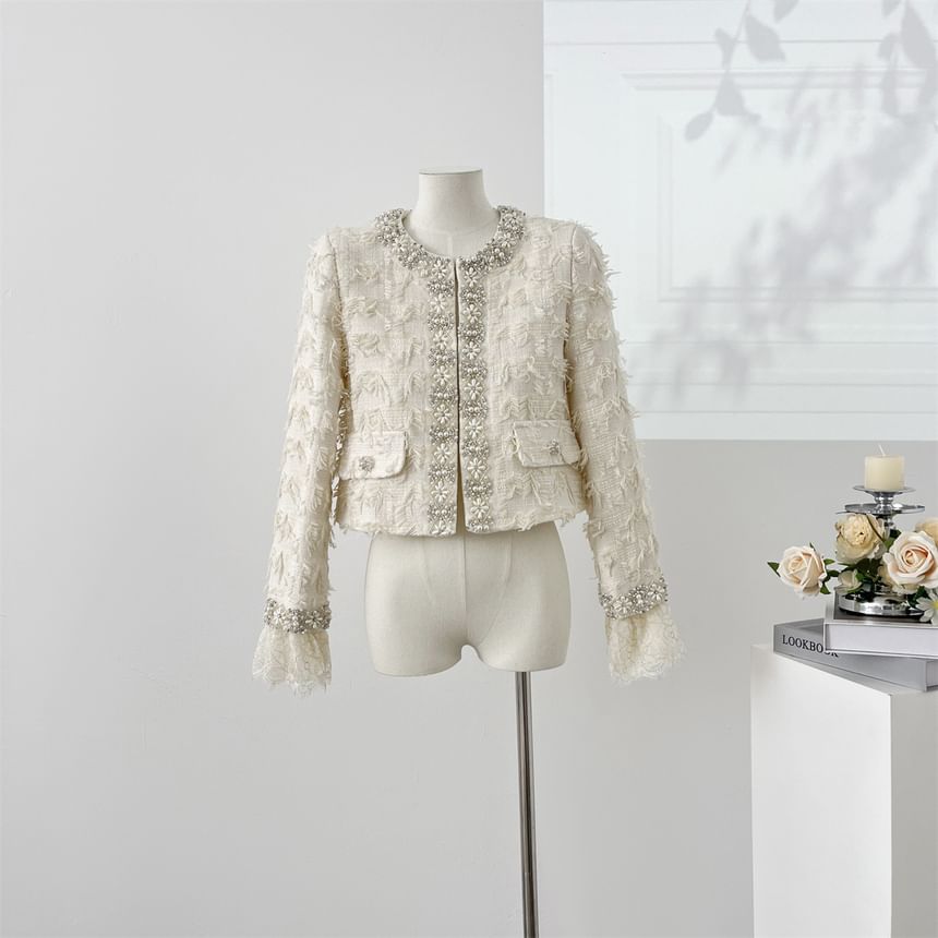 Lace Cuff Round Neck Beaded Tweed Hook And Eye Jacket / High Waist Plain Accordion Pleated Mini A-Line Skirt