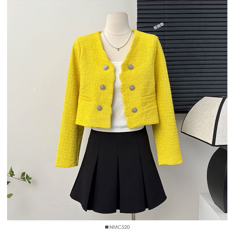 Cropped V-Neck Tweed Blazer