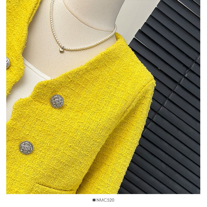 Cropped V-Neck Tweed Blazer