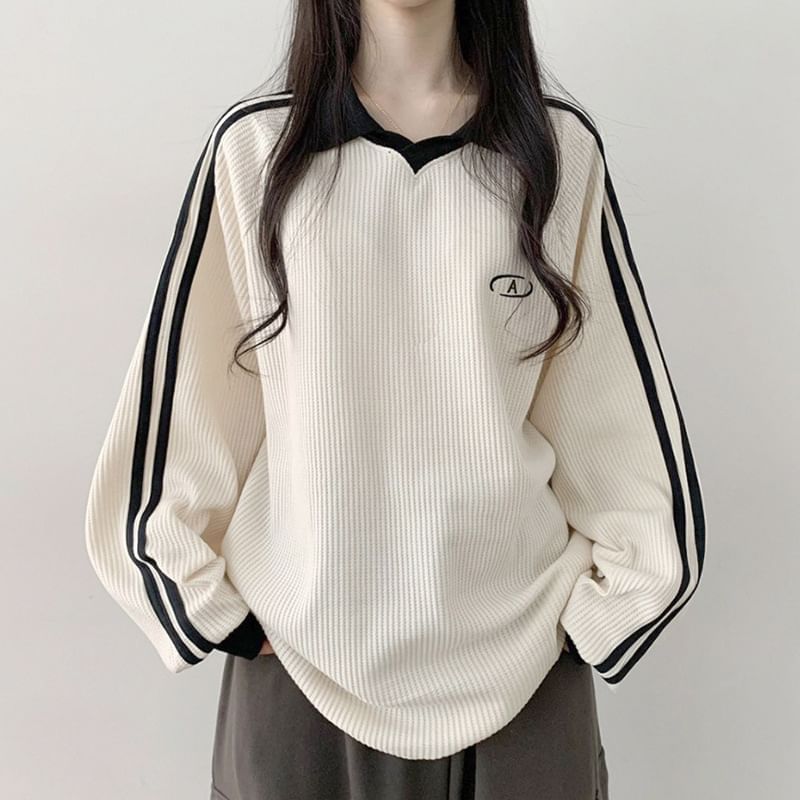 Sleeve Waffle Contrast-Trim Loose-Fit Embroidered Long Pattern