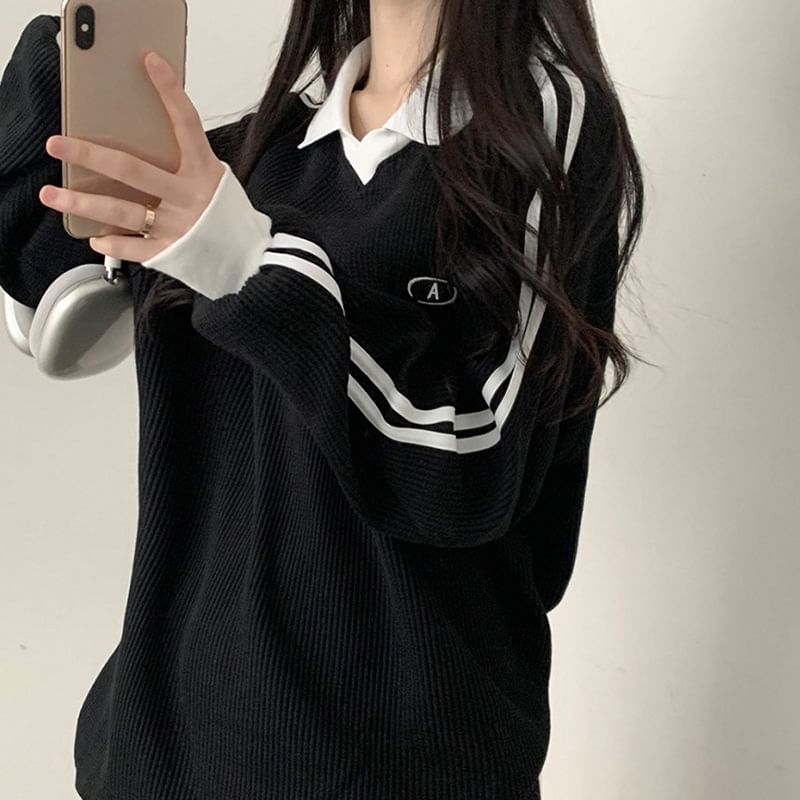 Sleeve Waffle Contrast-Trim Loose-Fit Embroidered Long Pattern