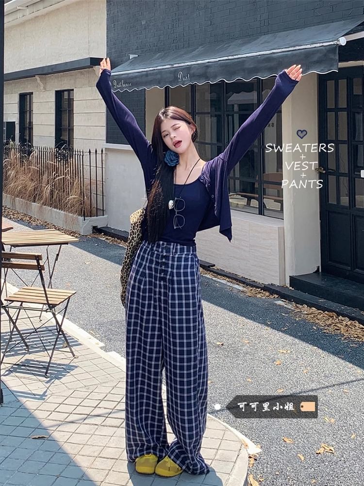 High Waist Plaid Baggy Pants, Solid Cardigan, Crop Camisole Top Set