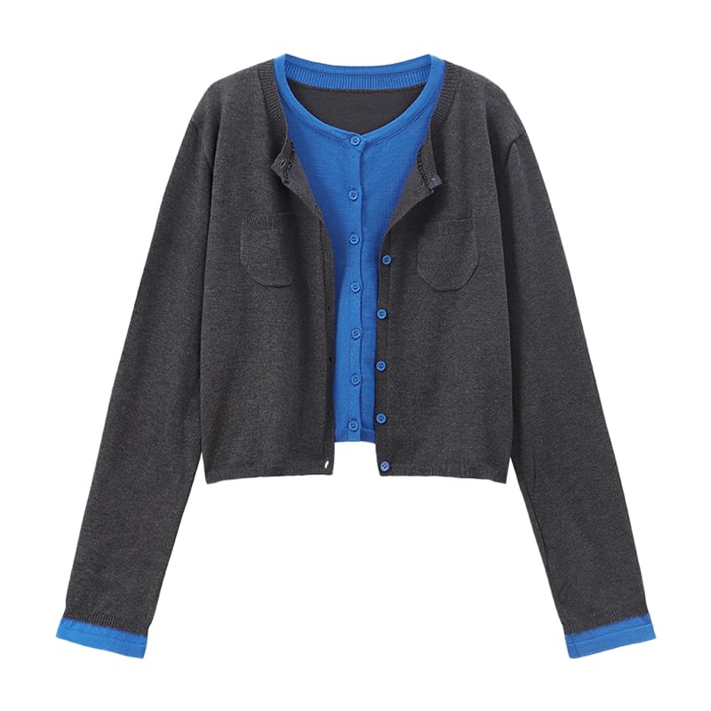 Solid Button Cardigan and Dotted Mini Skirt Set