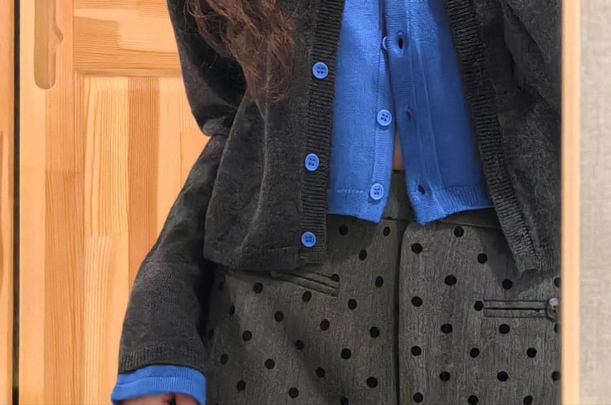 Solid Button Cardigan and Dotted Mini Skirt Set