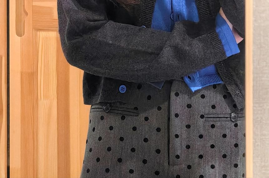 Solid Button Cardigan and Dotted Mini Skirt Set