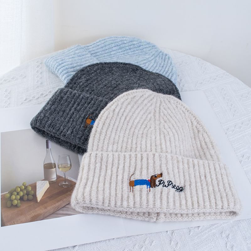 Embroidered Dog Beanie Knit
