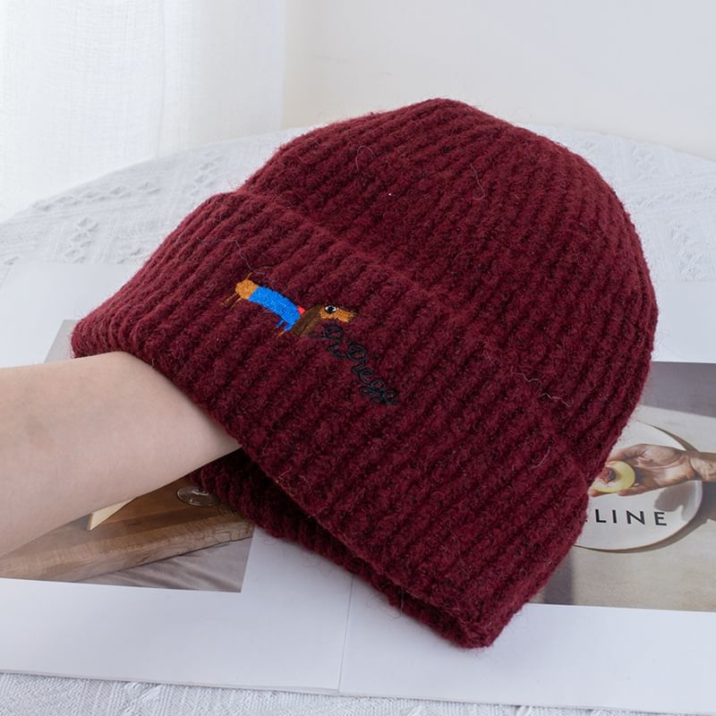 Embroidered Dog Beanie Knit