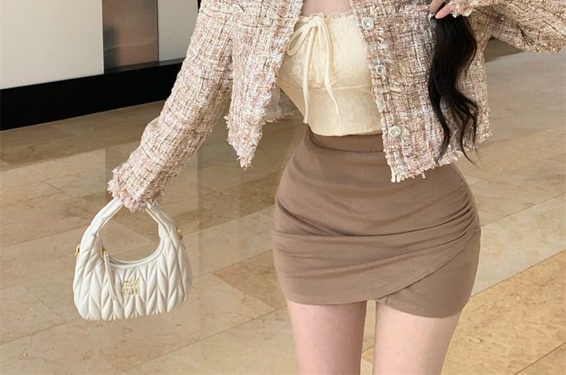 Round Neck Tweed Cropped Button Jacket