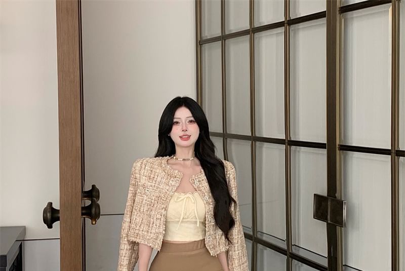 Round Neck Tweed Cropped Button Jacket