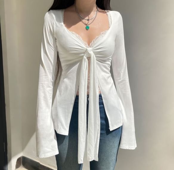 Crop Tie-Front V-Neck Sleeve Long Plain Top