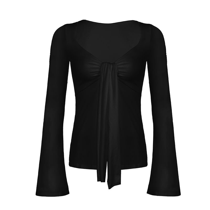 Crop Tie-Front V-Neck Sleeve Long Plain Top