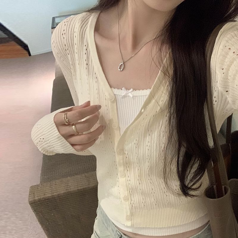 Plain Button-Up Cardigan V-Neck