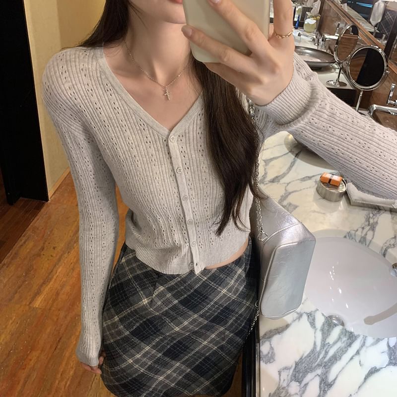 Plain Button-Up Cardigan V-Neck