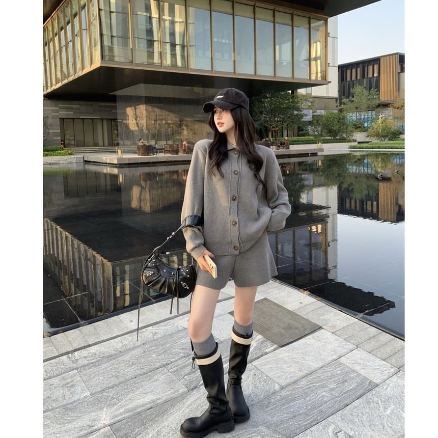 Solid Button Cardigan and Knit Shorts Set