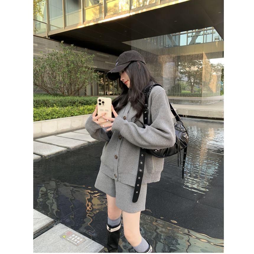 Solid Button Cardigan and Knit Shorts Set