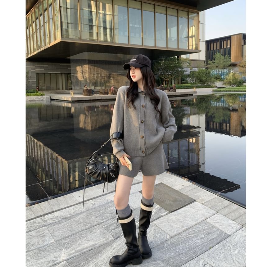 Solid Button Cardigan and Knit Shorts Set