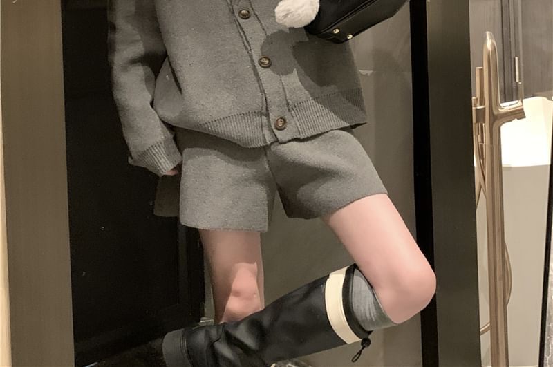 Solid Button Cardigan and Knit Shorts Set