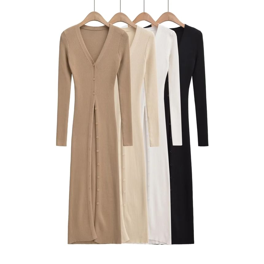 Button-Front Solid Long Knit Cardigan