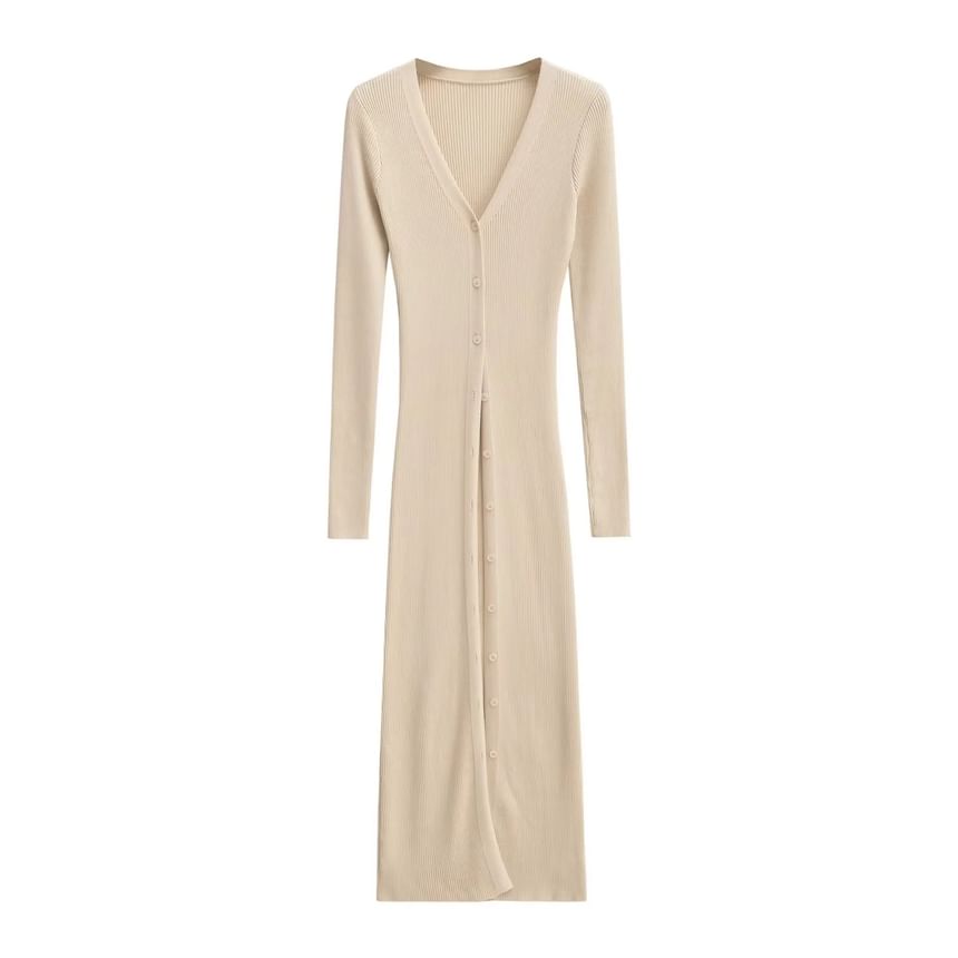 Button-Front Solid Long Knit Cardigan