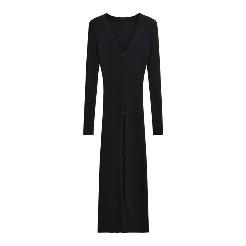 Button-Front Solid Long Knit Cardigan