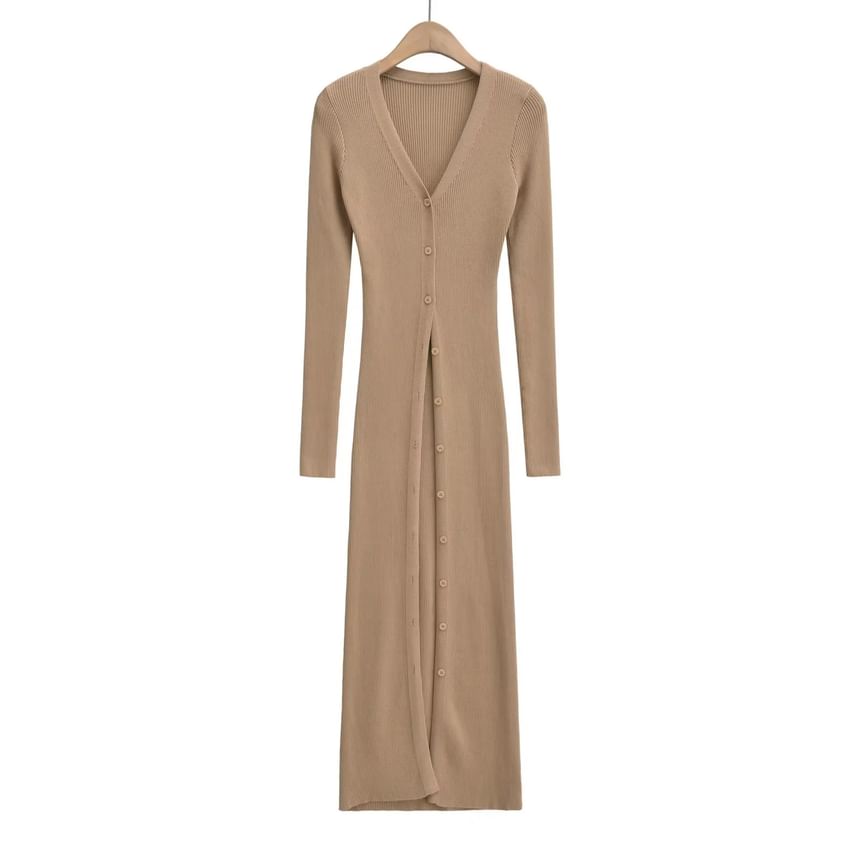 Button-Front Solid Long Knit Cardigan