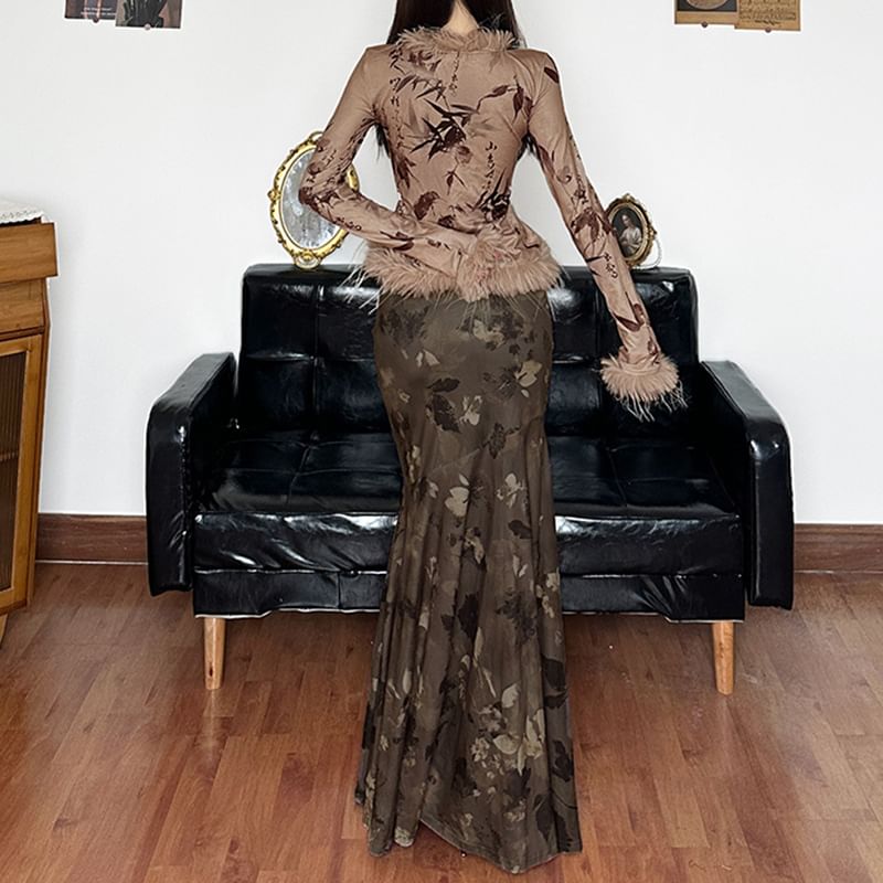 Long Print Sleeve Rise Furry-Trim Mermaid-Hem Graphic Skirt Low Cardigan / Maxi Light