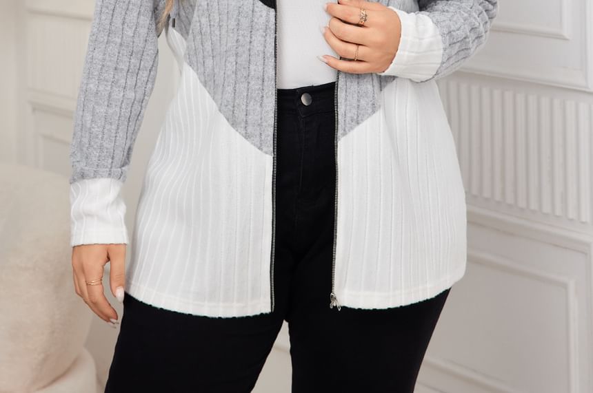 Color Block Hood Ribbed Zip Up Sweater