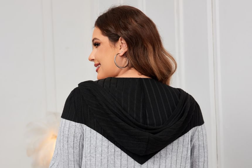 Color Block Hood Ribbed Zip Up Sweater