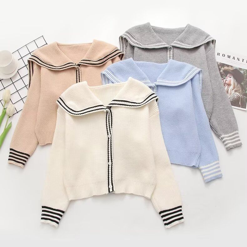 Collared Long Sleeve Striped Trim Button Crop Jacket