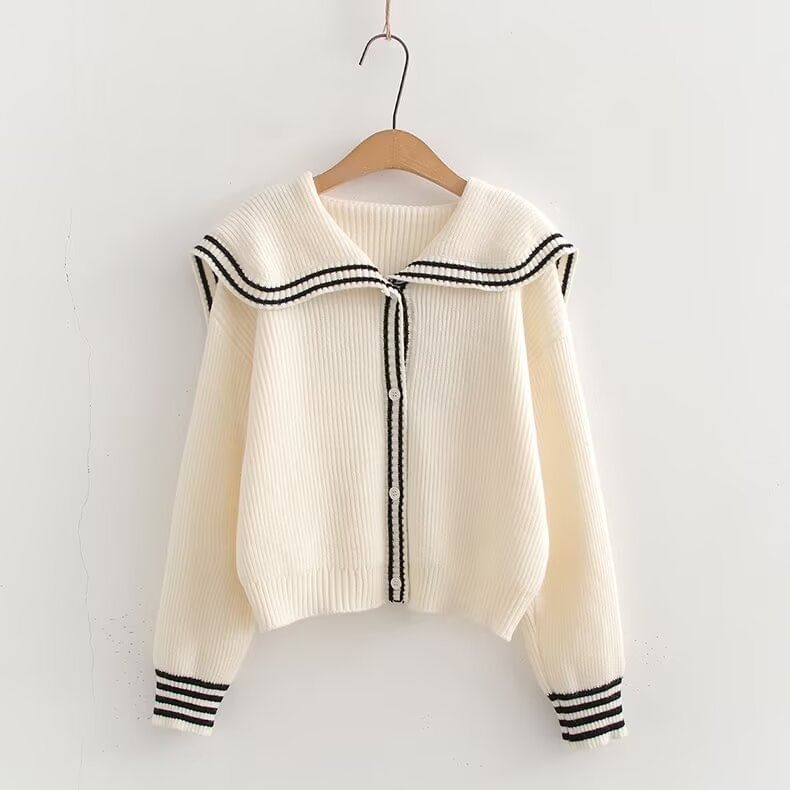 Collared Long Sleeve Striped Trim Button Crop Jacket