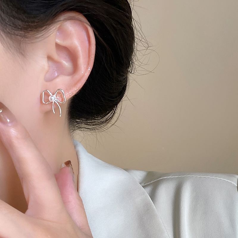 Pearl Faux Earring Stud Ribbon